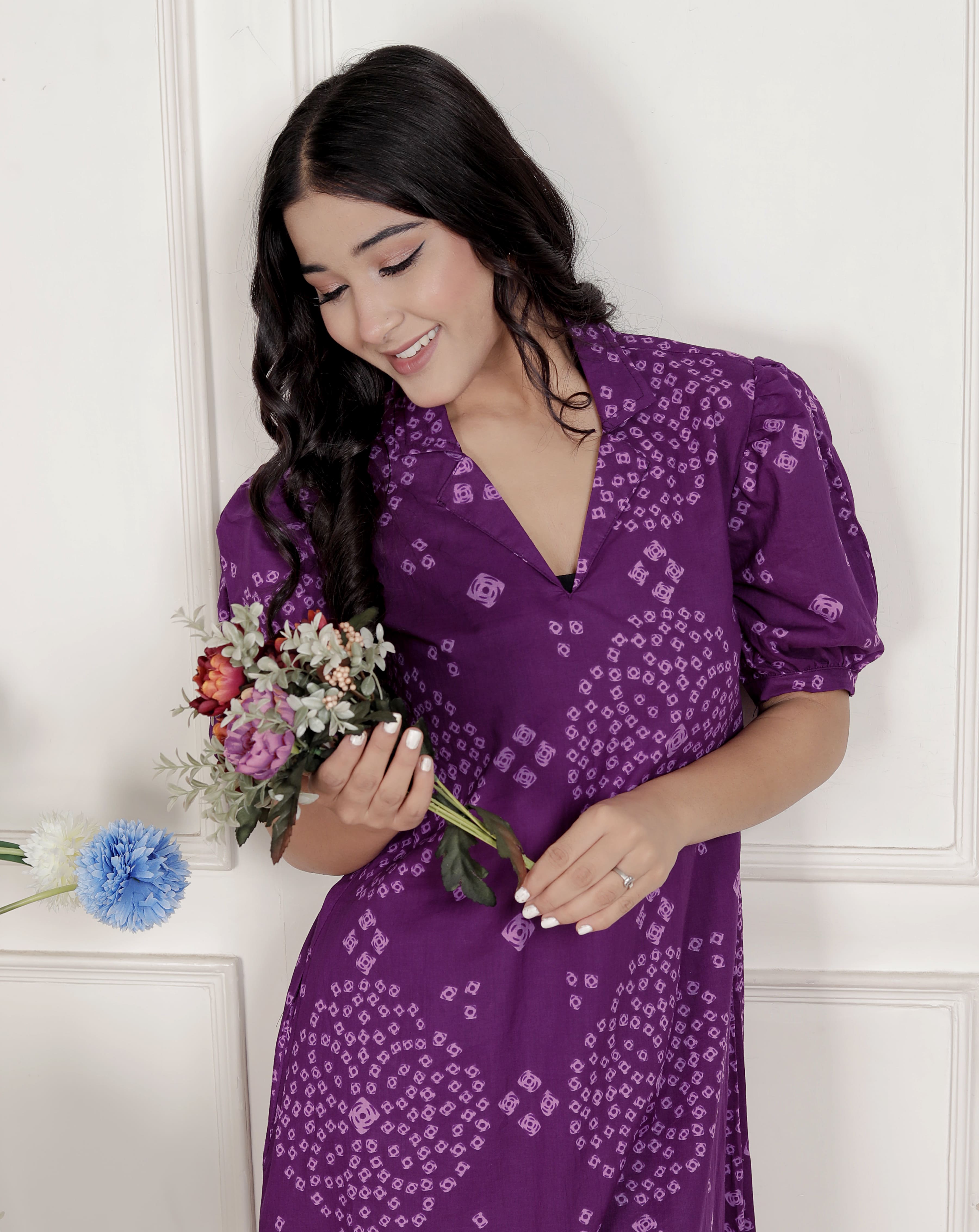 Purple Bandhani Printed Cotton A-Line Maxi Dress – Vacation Wear
